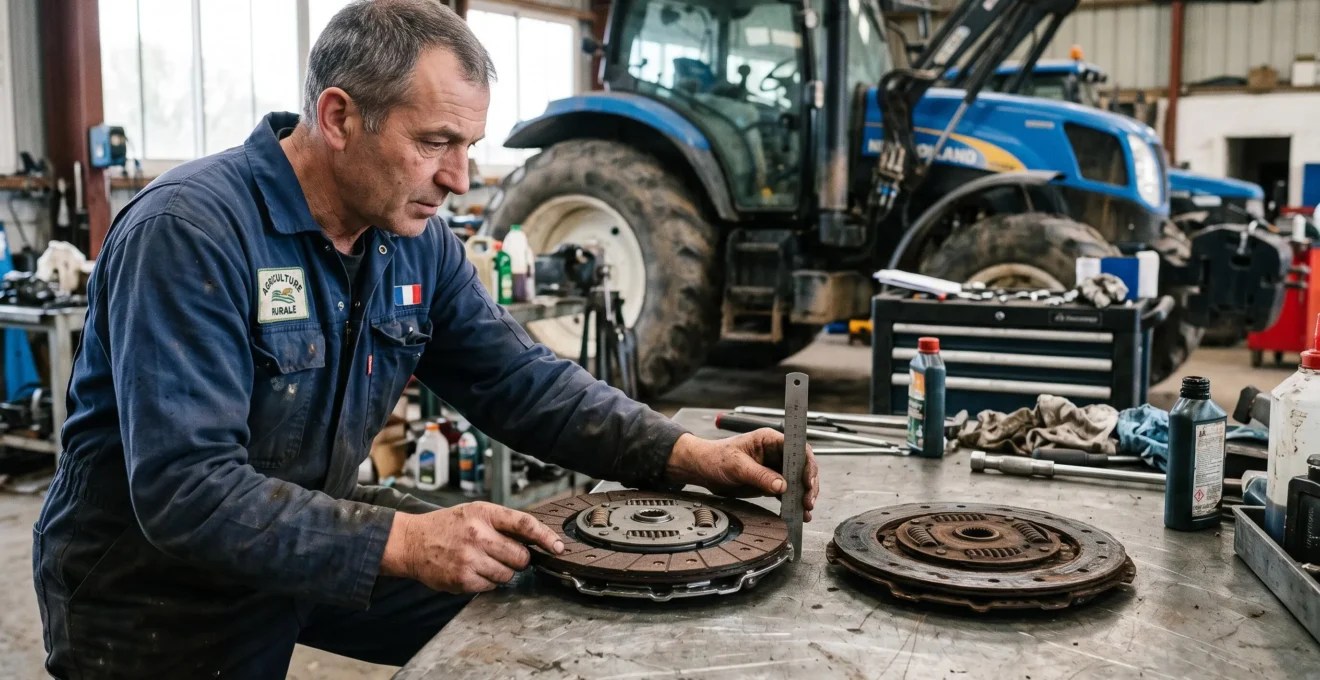 Un mécanicien compare un disque regarni et un disque usé sur un établi.