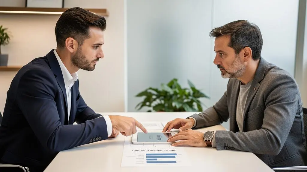Client et conseiller d'assurance discutant des options de couverture pour son véhicule.
