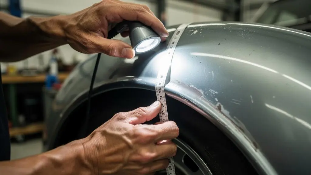 Mains d'un expert mesurant les détails d'une voiture de collection.