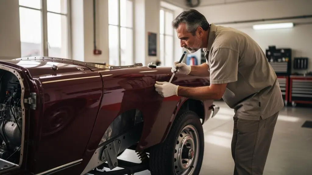 Expert évaluant de près une voiture de collection vintage dans un atelier.