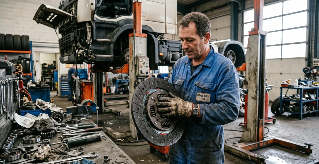Un mécanicien examine les garnitures neuves d'un disque d'embrayage dans un atelier.