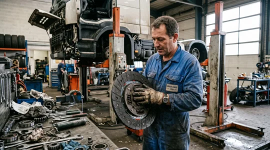 Un mécanicien examine les garnitures neuves d'un disque d'embrayage dans un atelier.